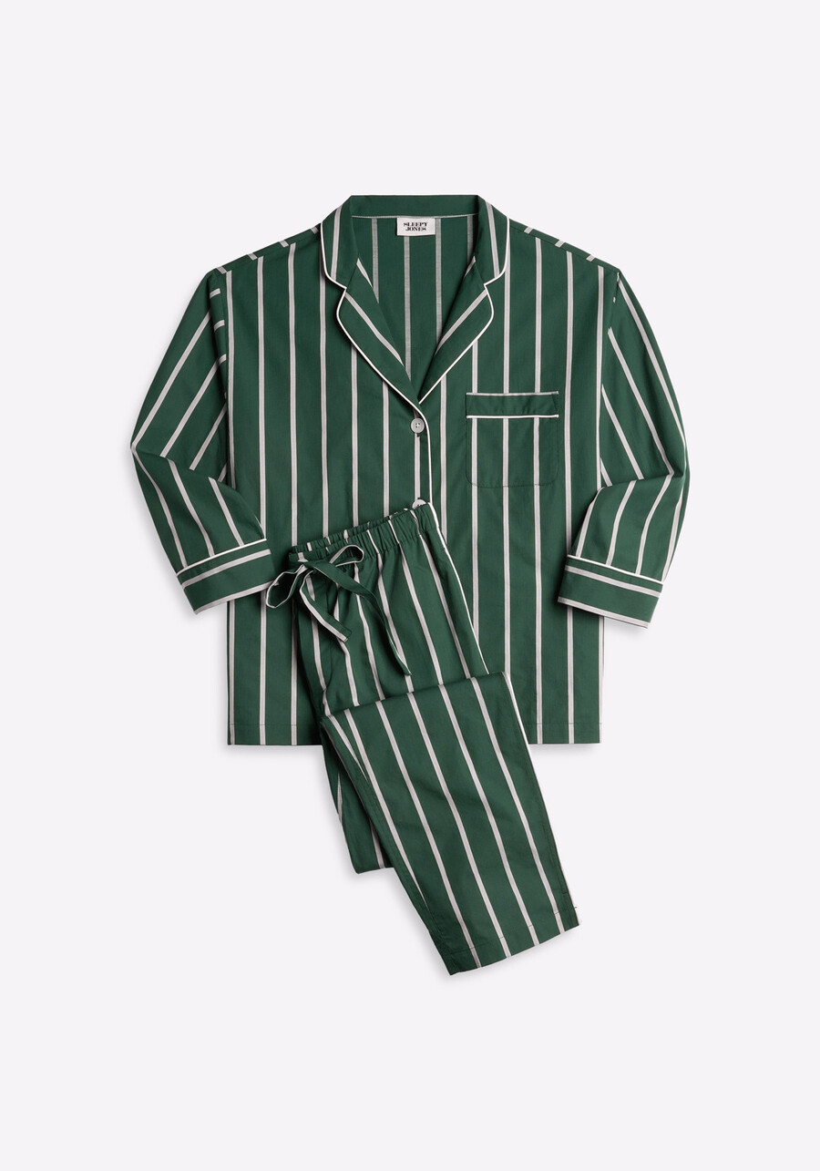 damen-pyjama-set marina in jägergrün creme gestreift